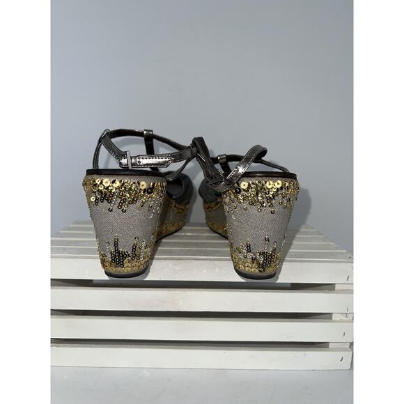 Tory Burch Sandals Womens Size 6 Gray Silver Wedge T-Strap Sequin Leather Sole - Picture 3 of 7